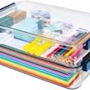 2 Pcs 5.5qt 9 x 13 Plastic Portable Project Case With Snap-Tight Latch Clear Stackable Storage Box With Lids Organizer Container For A4 File Photo Documents Scrapbook Craft Art Supplies (Large-Blue)