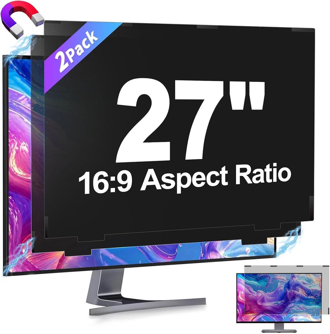 2 Pack Magnetic Removable 27 inch Computer Privacy Screen Filter for 16:9 Widescreen Monitor Desktop PC, 27inch Anti Blue Light Glare Eye Protection Shield, Anti Spy Screen Protector Screen