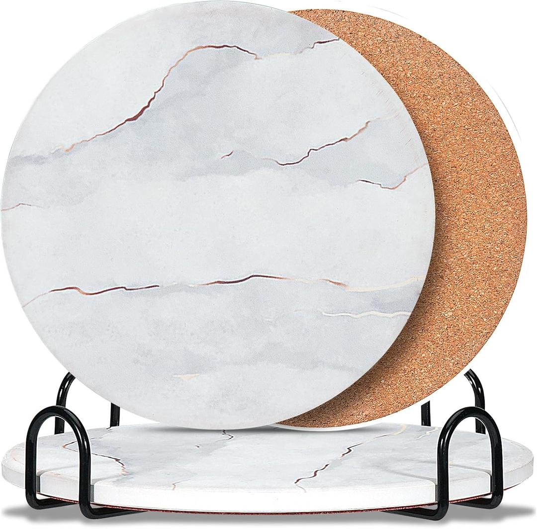 3-PCS 7 Inch Ceramic Marble Style Trivets for Hot Dishes, Absorbent Heat Resistant Hot Pads with Cork Bottom Anti-Slip, Ceramic Trivet Mats with Holder for Kitchen Countertop Table