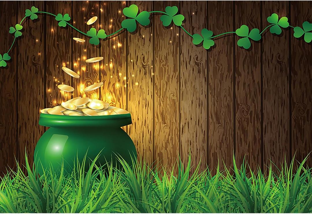 2 x 7x5ft Vinyl St.Patrick's Day Backdrop Pot of Gold Photography Background Lucky Irish Shamrock Wooden Texture Wall Grass Field Children Baby Adults Portraits Photo Studio