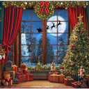 ZTHMOE Fabric 10x8ft Christmas Window Photography Backdrop Winter Merry Xmas Tree Background Night Snow Party Decoration Holiday Photo Banner Props (Blue)