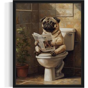 Pug on Toilet Wall Art Print Poster, Dog Bathroom Humor Decor Posters Prints for Restroom Home Picture Painting Artwork Gallery 7 (Pug, 11 x 14 inches, Unframed)