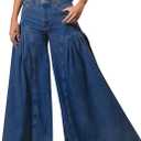 EZAPINE Women Bell Bottom Jeans High Waist Stretch Wide Leg Baggy Flared Pleated Vintage Casual Loose Denim Pants, M