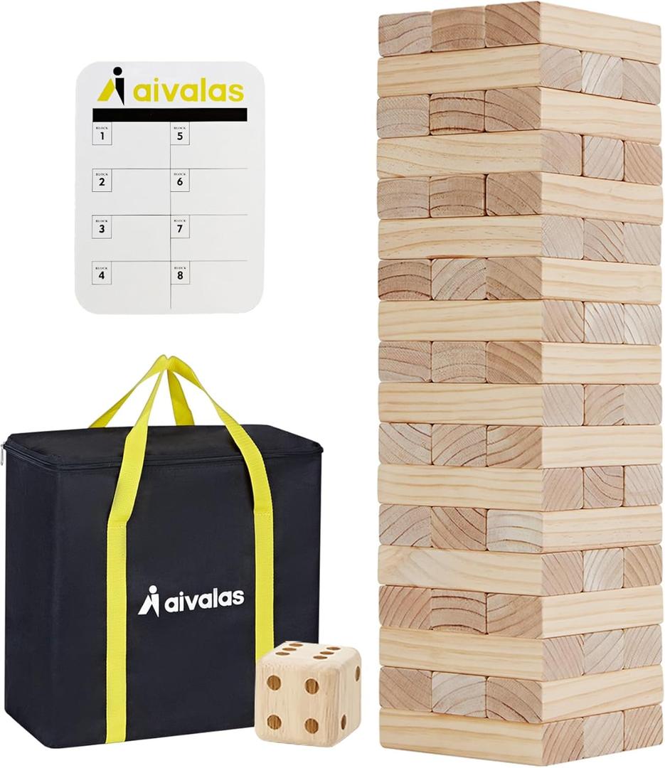 Giant Timber Blocks Games, 57 Blocks Large Tower Outdoor Games - Includes Carry Bag and Scoreboard, Wood Stacking Yard Games Grows from 2FT to Over 4.2FT for Kids Adults Family