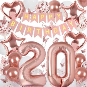 Rose Gold 20th Birthday Decorations for Girl Women, 20 Year Old Sign with Happy Birthday Banner, 40In Number 20 Foil Birthday Balloons, Butterfly Decorations, Heart and Star Balloons