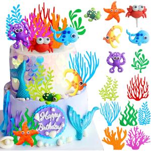 LaVenty 14 PCS Luxury Under The Sea Cake Decorations Fishing Cake Decorations Sea Turtle Octopus Ocean Cake Topper Under The Sea Party Supplies