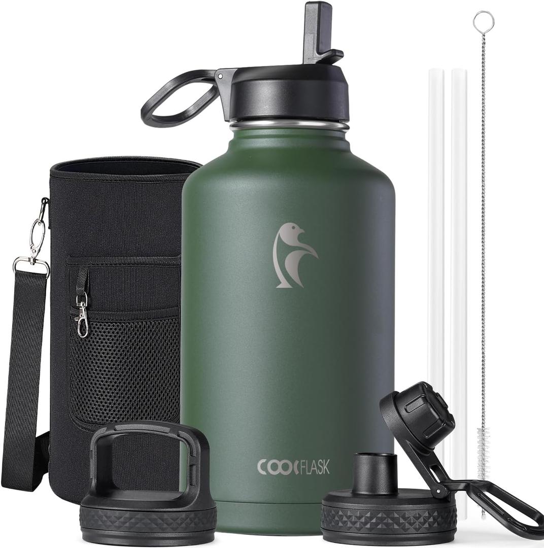 Half Gallon Water Bottle Insulated with Straw & 3 Lids, Coolflask 64 oz Water Jug Large Metal Stainless Steel Wide Mouth for Sports, Gym or Office, Non-BPA Keep Cold 48H Hot 24H, Dark Green