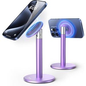 Nulaxy Magnetic Fully Aluminum Phone Stand, 360 Rotating Cell Phone Stand for Desk with Metal Ring, Adjustable Phone Holder Compatible with Phone 17 16 15 14 13 Max and MagSafe Case, Purple
