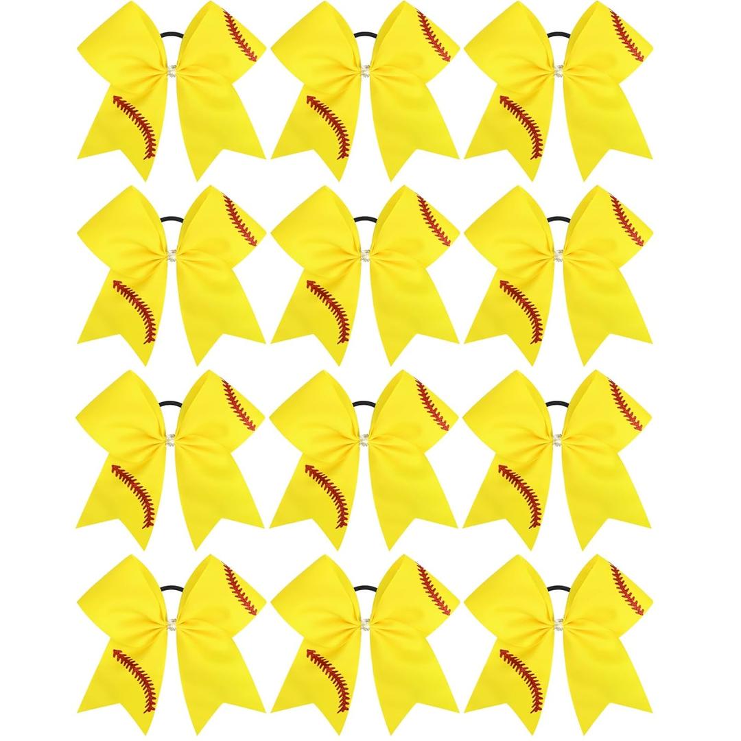 12 PCS Softball Bows 8" Softball Cheer Bows Bulk Hair Bows Cheerleading Sports Cheerleader Ponytail Holder Softball Accessories for Girls College Competition Yellow