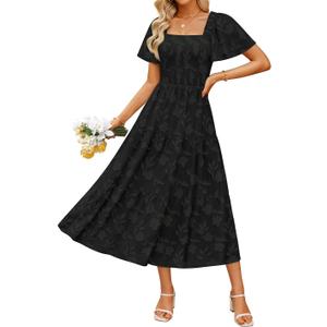 ZESICA Womens Summer Boho Floral Midi Dress 2025 Casual Short Sleeve Square Neck Flowy Beach Vacation Long Dress (Medium, Black)