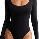 REORIA Women's Sexy Basic Scoop Neck Long Sleeve Double Lined Layering Slim Bodysuit Tops (S, Black)