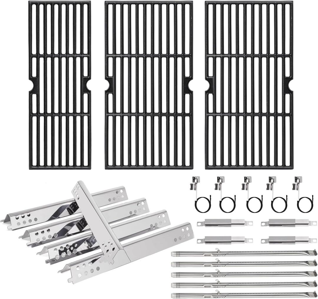 Hiorucet Grill Parts for Charbroil Performance 5 Burner 463347518 463347519 463373319 463373019, Cast Iron Cooking Grates Heat Plates Burners Crossover Tube Grill Igniters for Char-Broil Grill Parts (2 Large Grate+1 Small Grate)