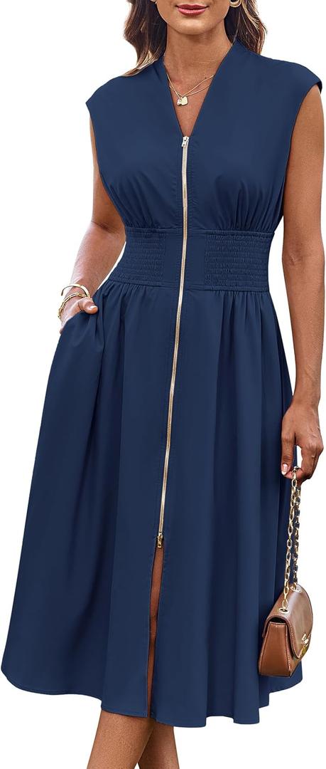 GRACE KARIN Womens Summer Casual Dress, Business Office Work Dresses, Cap Sleeve Zipper Front Flowy Midi Dress with Pockets (Blue, XXL)
