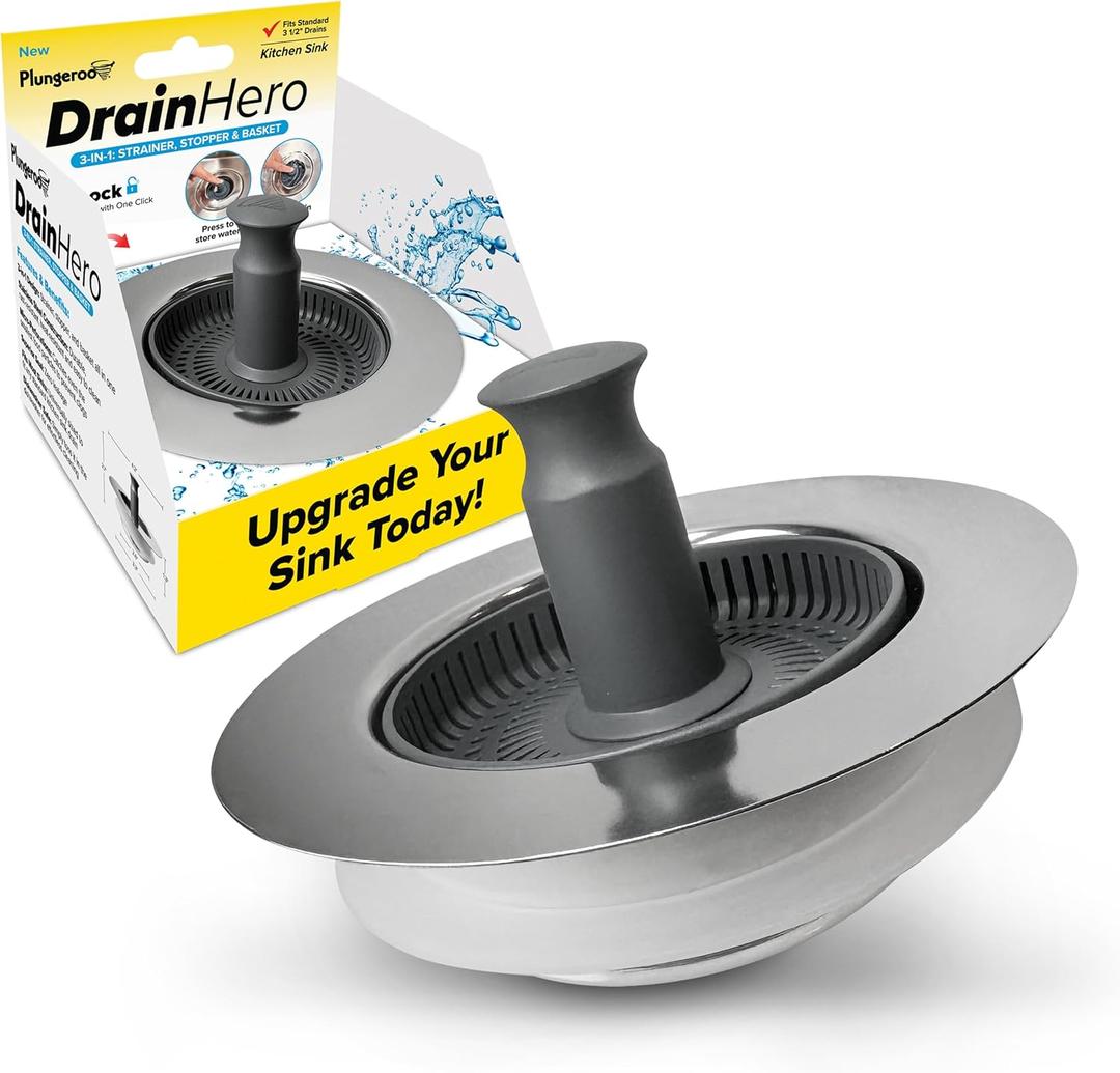 Plungeroo Drain Hero 3-in-1 Kitchen Sink Strainer, Stopper, & Basket | ClickLock Technology | Universal Fit 3.5" Drain Protector | Rust-Proof Stainless Steel