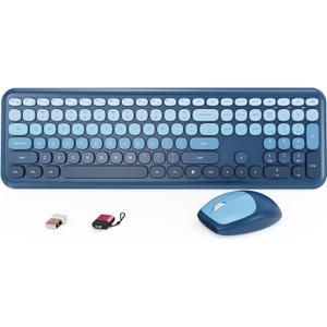HotFox Wireless Keyboard and Mouse Combo, Full-Size Retro Typewriter Keyboard with Round Keycaps, Ergonomic Design for Windows PC, Home and Office Use -Blue