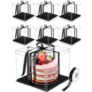 Maxdot 6 Pcs Transparent Tall Cake Boxes 12" x 12" x 10" Large Clear Cake Box with Ribbon Cake Carrier PET Wedding Cake Storage Container Clear Gift Boxes for Party Birthday Dessert Display (Black)