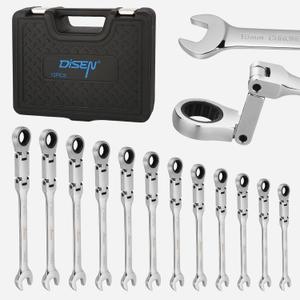 DISEN 12pcs Ratchet Wrenches Set Double Jointed, Metric Flex Head Ratcheting Wrench Set 8-19mm, Open End & Box End Combination Wrench, 72-Teeth, Cr-V Steel, with Heavy Duty Case