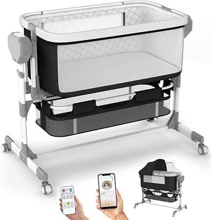Pionevox Rocking Bassinet for Baby, Electric Bassinet Automatic 5 Rocking Motion Bassinet Bedside Sleeper for Newborn, Auto Rolling Baby Cradle 6 Height Adjustable with 4 Lullabies, Wheels, Storage