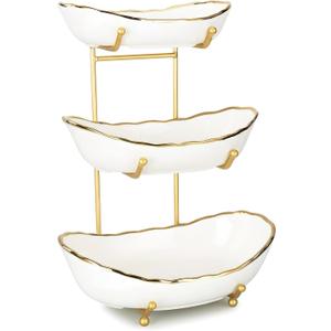 White Ceramic 3 Tier Modern Fruit Bowl with Metal Stand, Tiered Fruit Tray for Kitchen Counter, Snacks Nuts Bread Candy Storage