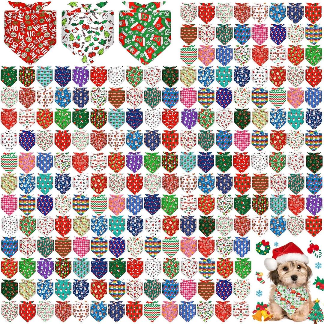 Aliceset 240 Pcs Christmas Dog Bandana Bulks Red Green Xmas Tree Santa Hat Snowflake Patterns Dog Kerchief Set Bibs Triangle Pet Scarf Soft Gifts Cat Costume Accessories for Small and Medium Puppy