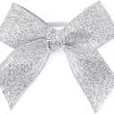 50pcs 1 Inch Stretch Elastic Loops with Pre-Tied Silver Ribbon Bows for Gift Wrapping,Baby Showers, Weddings, Christmas Boxes