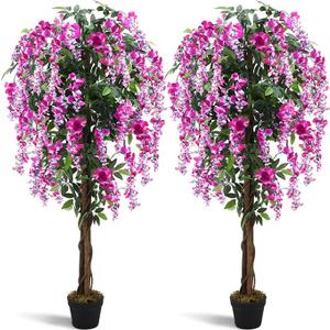 Thiccywoov 2 Pack 5ft Artificial Wisteria Tree Tall Fake Tree with Cement Base Pot Faux Floor Plant Decoration for Indoor Outdoor Home Office Housewarming Gift(Rosy Pink)