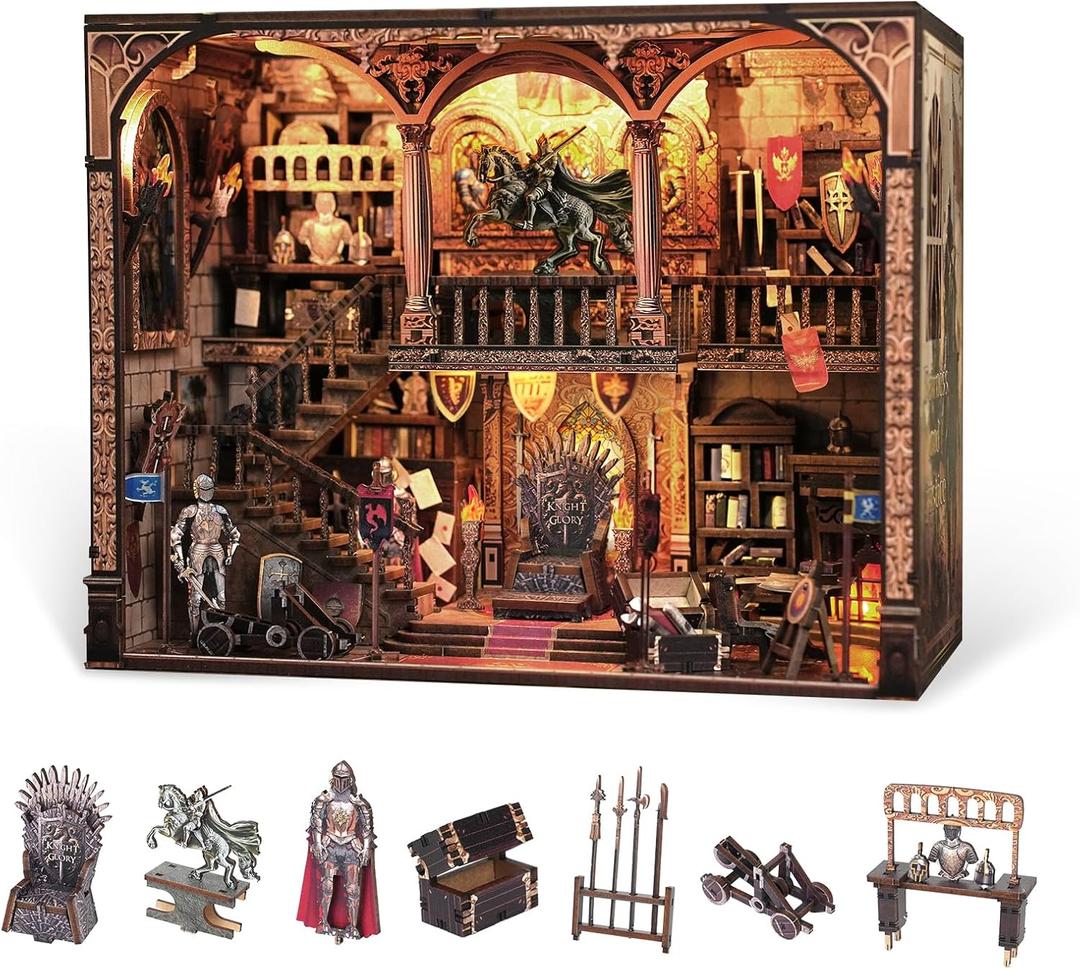 Book Nook Kit - 3D Wooden Puzzle with Type-C LED Light | Miniature Tiny House for Adults & Teens | Perfect Craft Gift & Stylish Bookshelf Dcor(Knight of Glory)