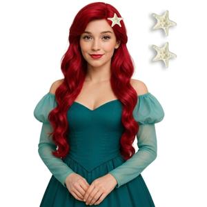Red Mermaid Wigs for Women, Long Red Body Wave Wig+ Wig Cap for Little Mermaid Costume Halloween Cosplay