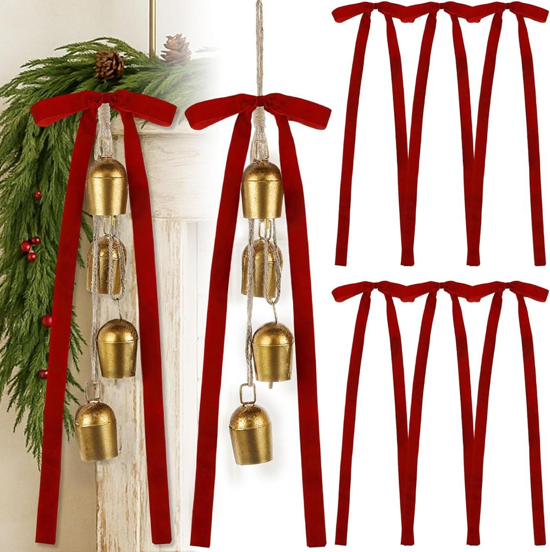 2 Pcs Christmas Cow Bells with 8 Pcs Red Velvet Bows Vintage Rustic Gold Bell with Hanging Rope Ornaments Ribbon Bows for Xmas Tree Wall Home Decor Wreath Garland Garden Indoor Outdoor