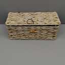 Delamu Handmade Synthetic Rattan Cable Management Box, Flat Weave Desk Organizer with Wire Management, Multi Purpose Cord Hider Box, 12.5" Lx 5.3" Wx 5.3" H, Natural & White