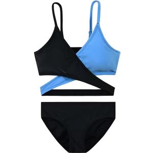 karrack Teen Girls Swimsuits Two-Piece V-Neck Bikini Adjustable Shoulder Straps Swimsuit Kids Bikini with Chest Pad Black/Grey Cute Swimsuit (Size12-14Years)