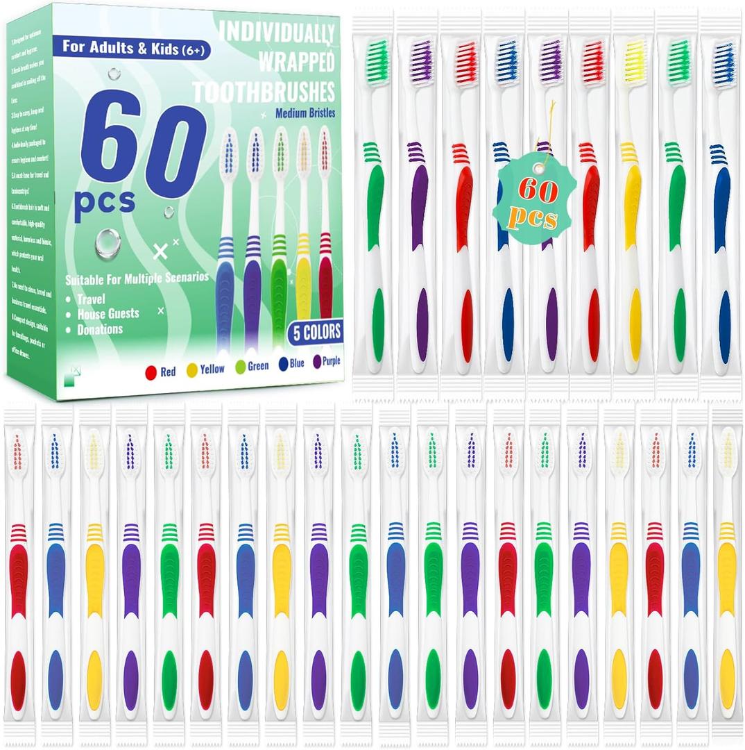 Comdian 60 Pcs Toothbrush Bulk Disposable, Travel Toothbrushes Pack, Soft Bristle Individually Wrapped and Good Cleaning for Kids, Adult and The Elderly. Suitable for Hotel, Travel, Home, Donated