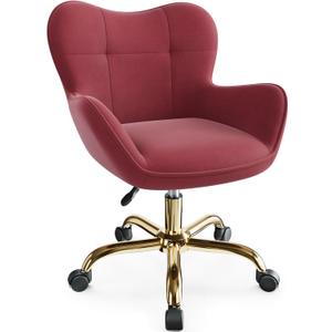 Vanity Chair with Wheels, Cute Home Office Desk Chairs Adjustable Height for Living Bedroom, Small Modern Fluffy Velvet Makeup Chair with Back for Girls (Rose Red)