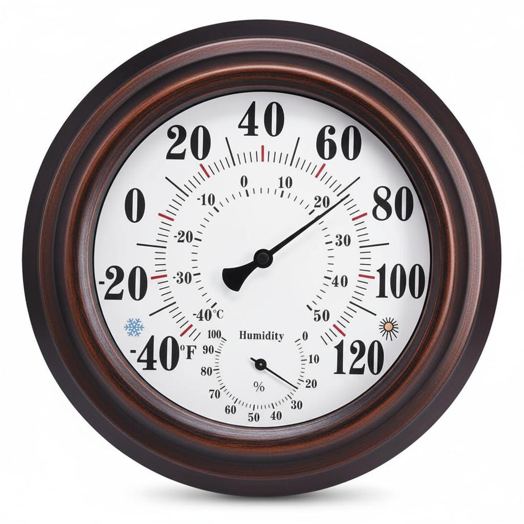 [Outdoor/Indoor] Thermometer Hygrometer, 10-inch Large Analog Wall Mounted Temperature and Humidity Monitor Gauge for Home, Patio, Garden, Garage, Cellar - Weatherproof & Easy to Read (Bronze)