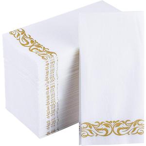 JOLLY CHEF 100 Disposable Hand Towels, Soft and Absorbent Linen Feel Dinner Napkin, Elegant Decorative Paper Guest Towels for Kitchen, Bathroom,Thanksgiving, Weddings,Parties, Gold and White