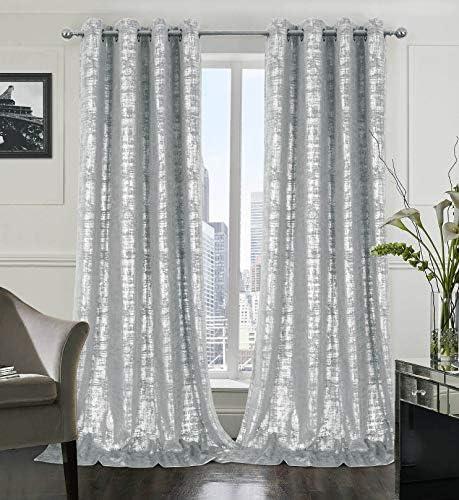 always4u Soft Velvet Curtains 108 Inch Length Long Luxury Bedroom Curtains Silver Foil Print Window Treatments for Living Room Set of 2 Silver