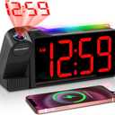 Peakeep Projection Alarm Clock for Bedroom Ceiling 180 Rotatable, Loud for Heavy Sleepers, Colorful Nightlight, 5 Brightness Dimmable Large Number Bedside Electric LED Digital Clock with USB Port