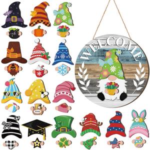Qunclay Interchangeable Wooden Gnome Decor Holiday Seasonal Gnome Decorations with Magnet Pieces and Detachable Hats Changeable Welcome Sign for Home(Cute Style)