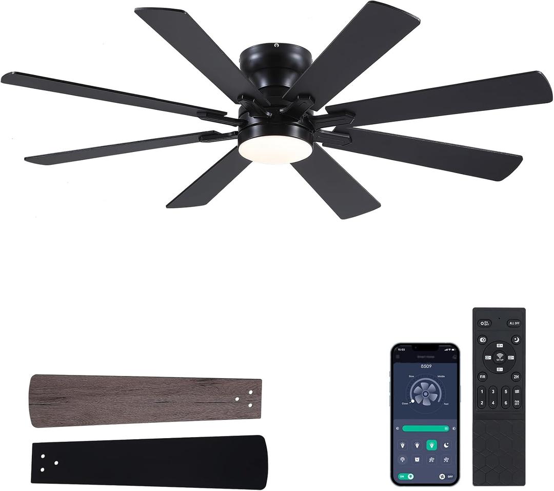 Black Ceiling Fan with Light and Remote/APP Control, 52in Flush Mount Fan Light with 8 Blades, Reversible and LED Dimmable, Indoor Outdoor Light Fixture for Bedroom, Covered Patios