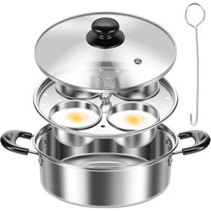 Egg Poacher Pan Stainless Steel Poached Egg Maker with 4 Cups Nonstick Stovetop Egg Cooker Pot for Induction Cooktop (Silver, 1-Pack)
