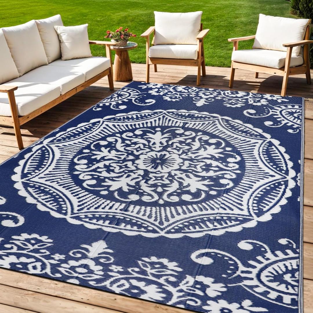 Capslpad Outdoor Rug 5x8 Blue Waterproof Outside Plastic Straw Rug, Reversible Boho Floral Balcony Carpet Foldable Camping Area Rug with Carry Bag for RV Patio Backyard Deck Bench Picnic Porch