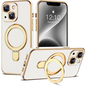 Compatible with iPhone 14 Case with Magnetic Ring Stand [Compatible with Mag-Safe] [Full Camera Lens Protector] Soft Plating Phone Case for iPhone 14 6.1", White