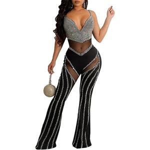 Women's Sexy Sleeveless Deep V neck Mesh Paneled Rhinestones Bodycon Wide Leg Cocktail Party Rompers Jumpsuit
 (Small, 19 Black)