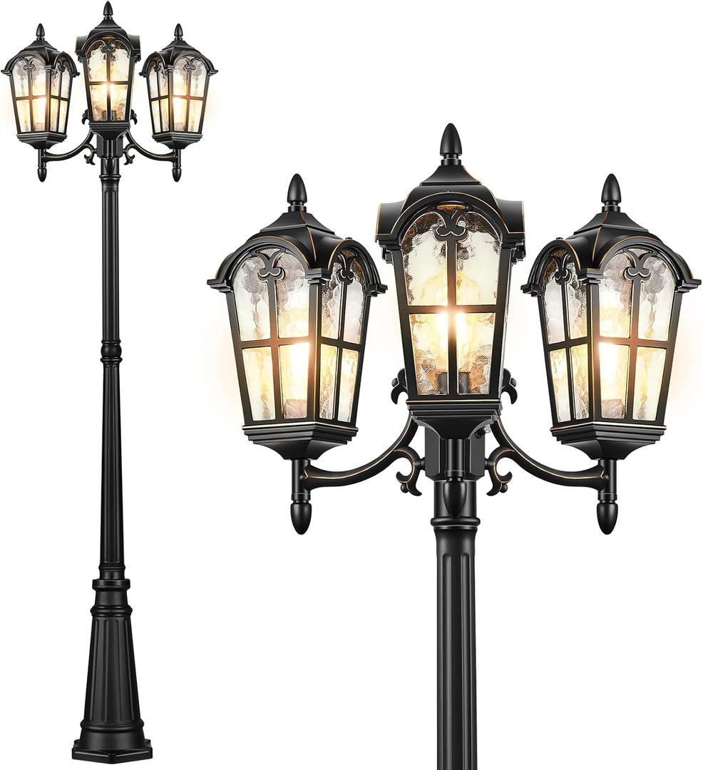 VIANIS Black Outdoor Post Light with 3-Head, 78" H Lamp Posts Outdoor Lighting, 100% Aluminum Anti-Rust Light Poles for Outside, Waterproof Street Lights for Porch, Patio, Pathway(Hardwired 120VAC)