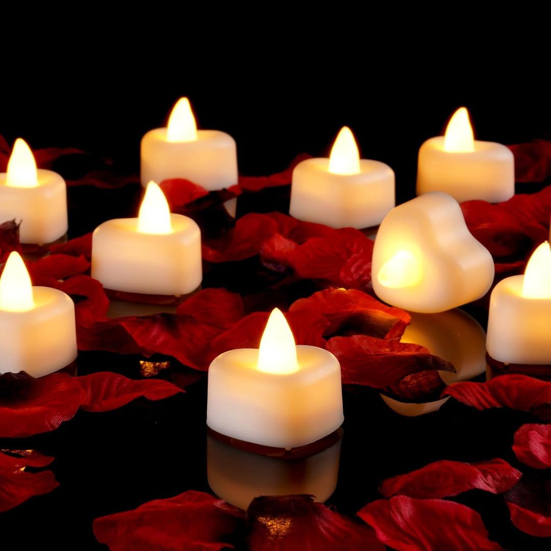 Amagic 1000 Pieces Artificial Rose Petals with 12 Heart LED Tea Lights Candles Kit, Rose Petals and Candles Set for Proposal, Anniversary, Valentine's Day, Special Romantic Night, Wedding Table Decor