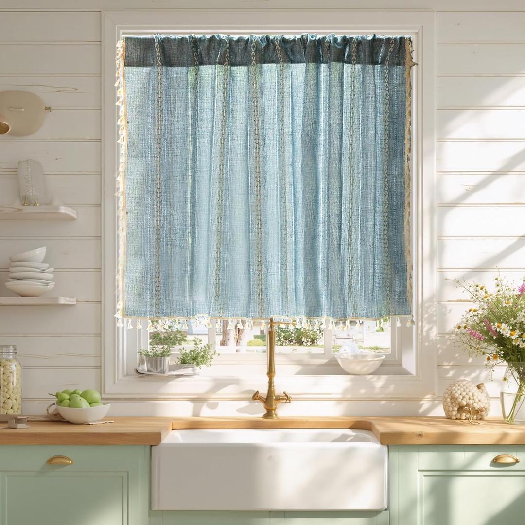 Sutuo Home Blue Boho Curtain 52W x 36L inch White Striped Light Filtering Short Valance Tier, 1 Panel Embroidery Bohemian Farmhouse Country Kitchen Window Treatment Decor for Small Closet