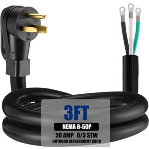 Kanayu 3 FT 6 AWG 3 Prong Replacement Power Cord Compatible with NEMA 6-50P 50 Amp 250V Welder Extension Cable with Open End for Welder Dryer Garage Heater Generator, ETL Listed