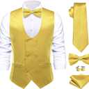Hi-Tie Mens Satin Suit Vest for Men Silk Double Breasted Formal Suit Vest Pretied Bowtie Tie Handkerchief Cufflinks (Yellow)