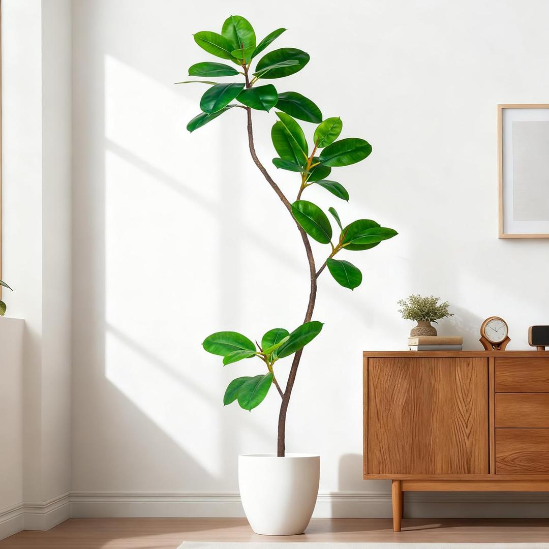 Bailikang 6.6ft Artificial Rubber Tree Faux Plants Indoor Faux Floor Artificial Trees Indoor, Fake Plant Fake Tropical Plants, Large Floor, Real Touch Rubber Tree for Home Decor