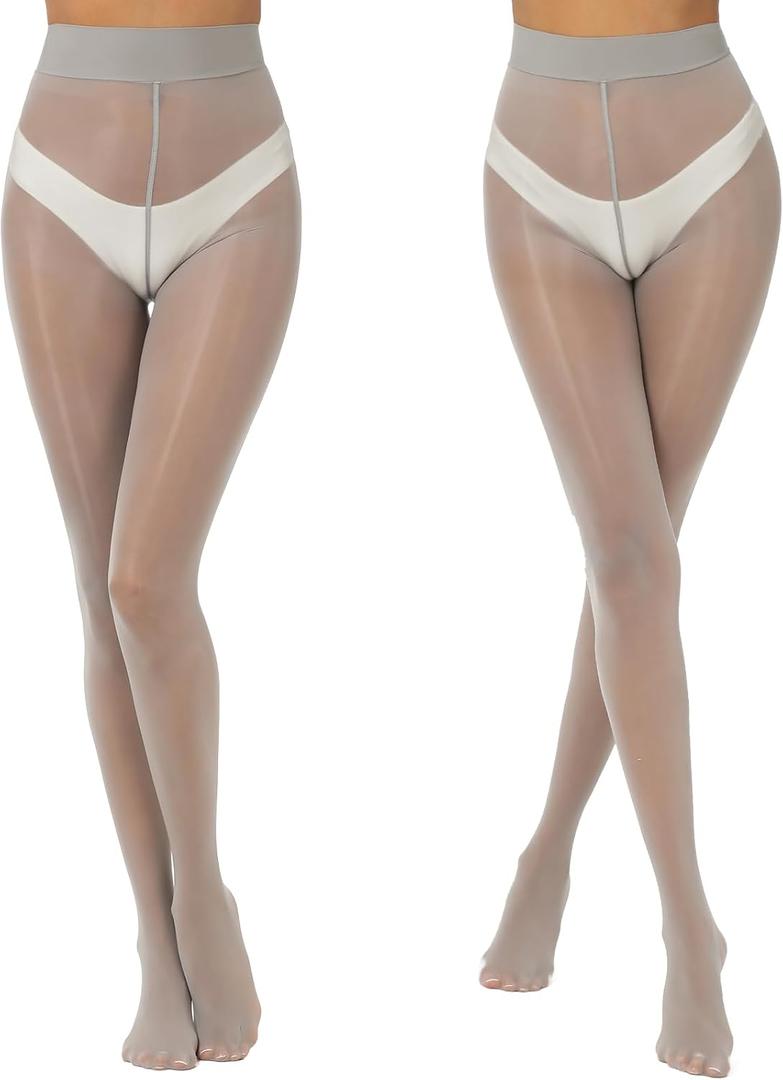 2 Pairs Shiny Pantyhose for Women High Waist Silk Oil Shimmer Sheer Tights (Large-X-Large, Grey)